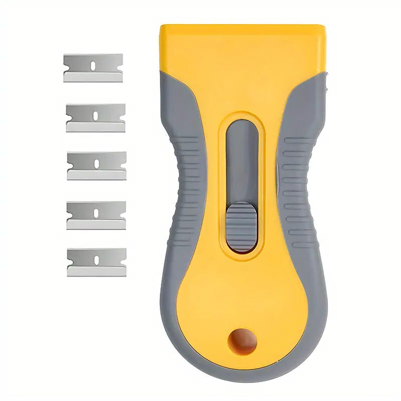 Raspador plástico amarillo  con cuchilla metálica para limpieza de adhesivos