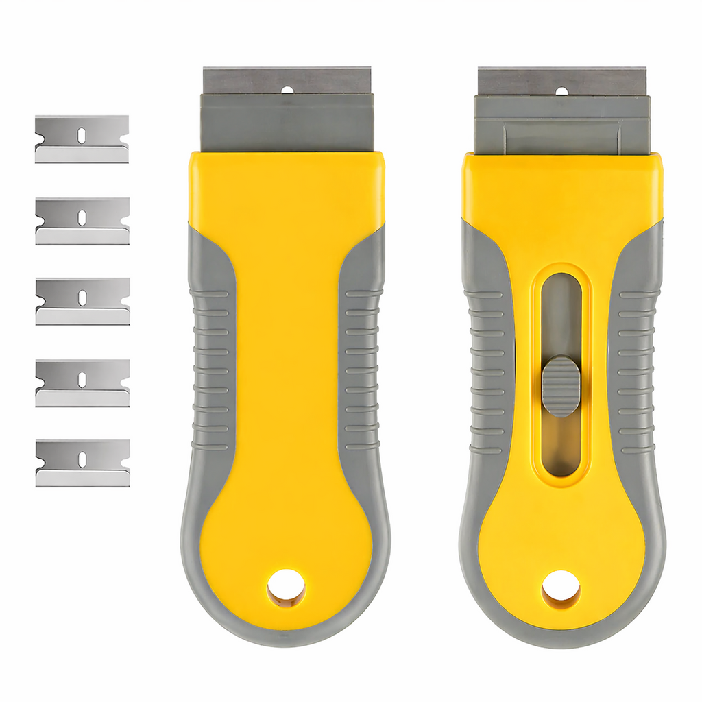 Raspador plástico amarillo  con cuchilla metálica para limpieza de adhesivos